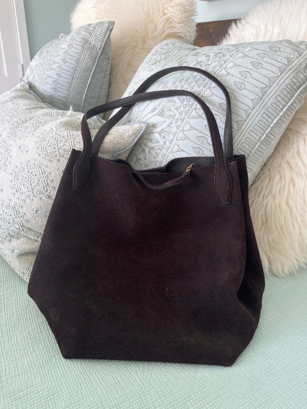 Dark brown suede bucket bag